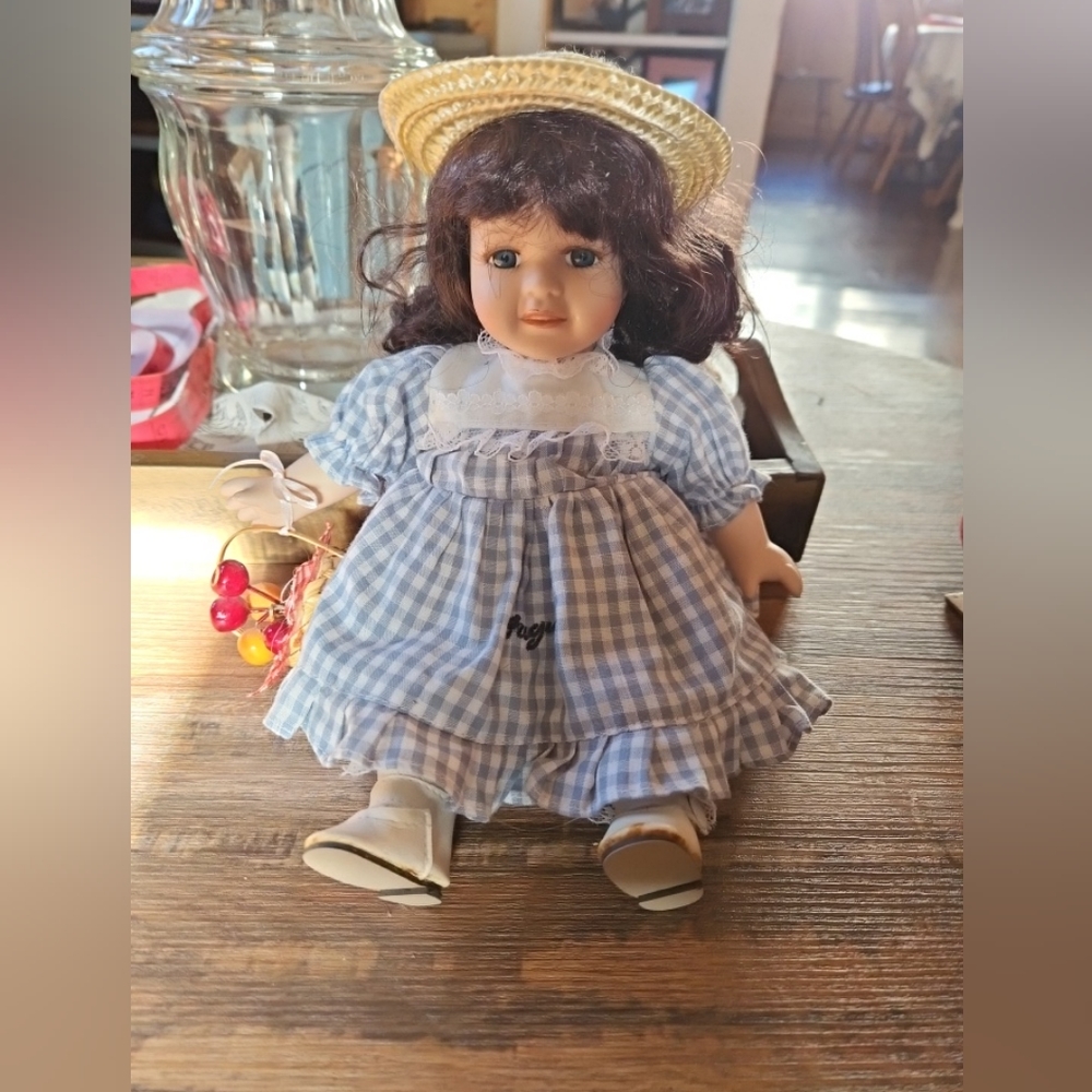 VTG Porcelain Bisque Country Girl Doll Blue Buffalo Check Dress Sun Hat.